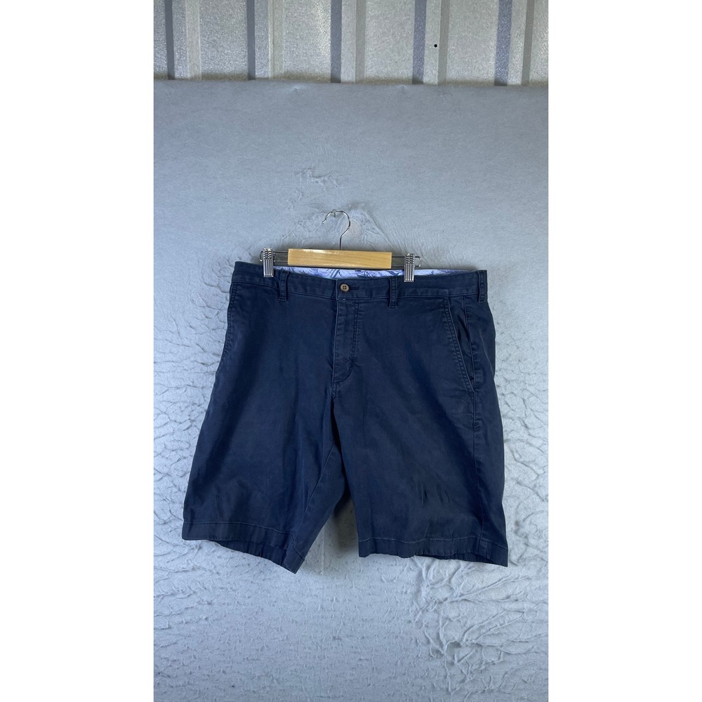 Tommy Bahama Chino Shorts Mens 34 Navy Blue Excellent Flat Front Marlin Logo
